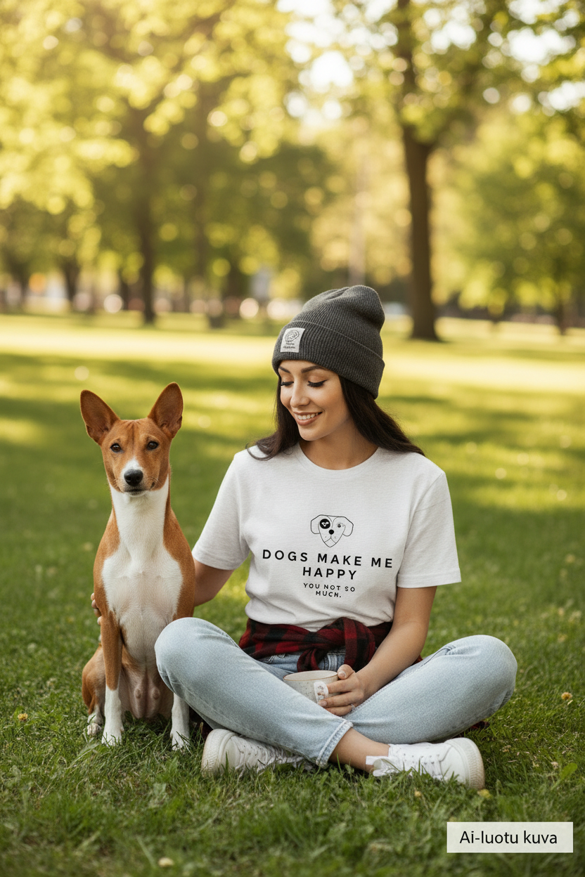 Dogs make me happy puistossa Basenji-koiran kanssa AI-luotu kuva